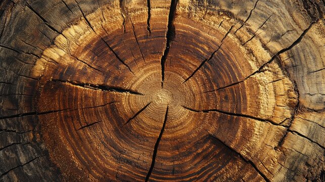 Detailed close-up of a brown tree stump cross-section highlighting age rings, cracks, and rich wood grain texture showcasing natural beauty.