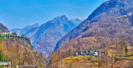 Panorama of Lepontine Alps and small Alpine villages, Val Lavizzara, Vallemaggia, Switzerland