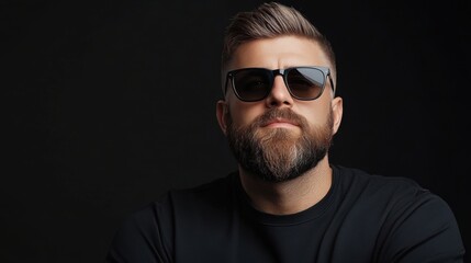 Obraz premium Confident Man with Beard and Sunglasses Posing Against Dark Background in Studio Setting
