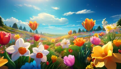 Generated image A meadow of vibrant tulips and daffodils in full bloom under soft morning light
