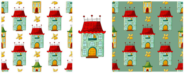 Houses. Set city seamless patterns. Pattern in hand draw style