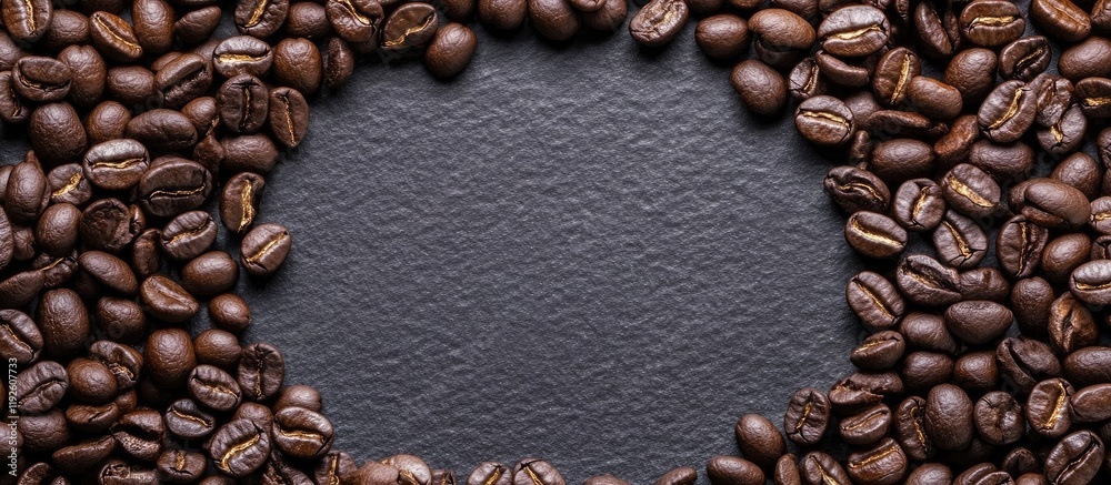 Poster Black Coffee Beans Formed in a Circle on Dark Background with Ample Copyspace for Text and Branding Opportunities