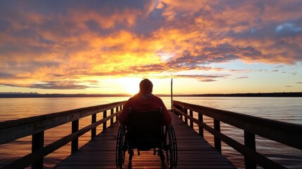 Fototapeta premium A person in a wheelchair parked on a wooden pier, gazing at the sunset over the calm ocean waves, a peaceful moment of reflection
