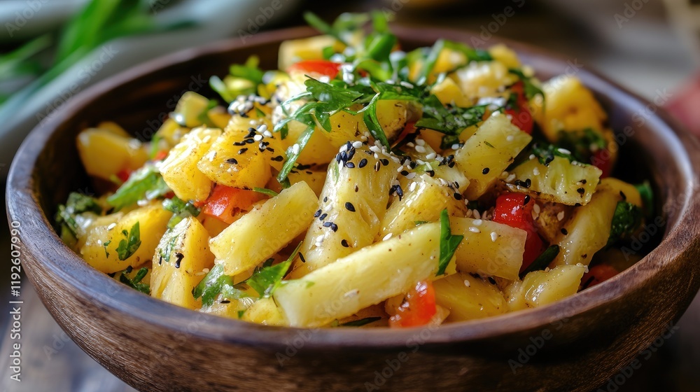 Aufkleber bamboo shoots and pineapple salad with fresh herbs and vibrant vegetables in a rustic bowl setting