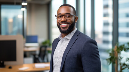 Obraz premium confident businessman smiling at camera in modern office setting, showcasing professionalism and positivity