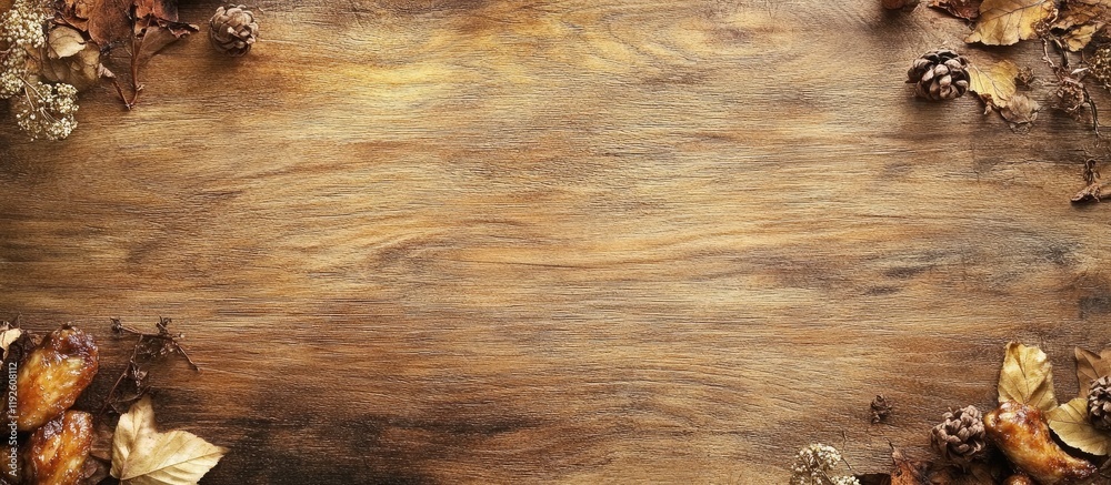 Poster roasted chicken wings on a rustic wooden board with autumn leaves creating an inviting atmosphere fo