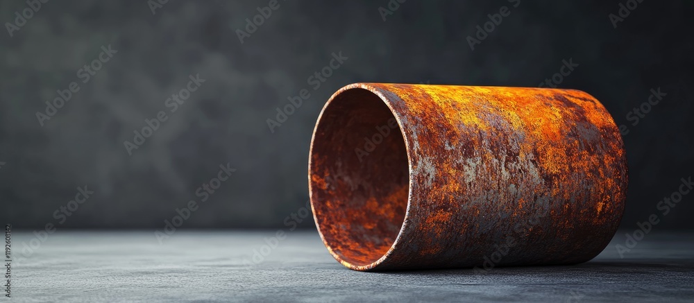 Poster Close up of a weathered rusted metal cylinder on a dark background with space for text or branding use in design projects