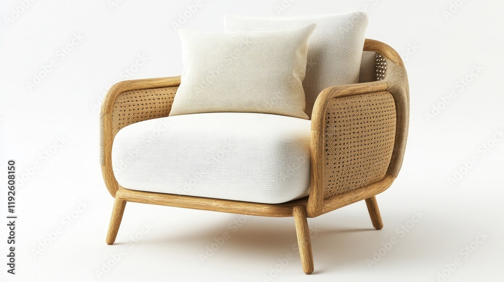 Poster sustainable luxury armchair with natural wood and cushion mockup for rustic home decor in minimal st