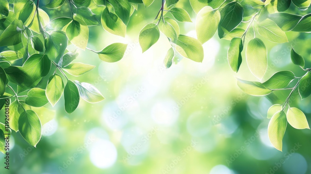 Poster Bokeh effect created by sunlight filtering through vibrant green leaves in a natural setting