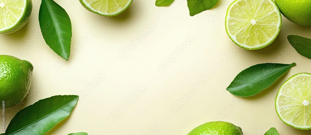 Aufkleber Vibrant lime halves and green leaves arranged on a luminous background with empty space for text in a fresh citrus theme.