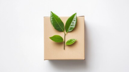 Eco friendly packaging concept with cardboard box and green leaves promoting sustainability and environmentally conscious choices
