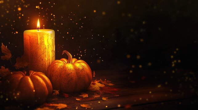 Candle and autumn pumpkins glowing warmly amidst leaves creating a cozy seasonal atmosphere for Halloween or Thanksgiving celebrations