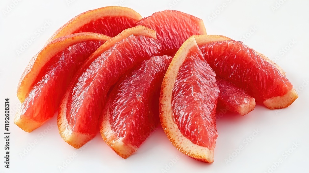 Poster fresh and vibrant red grapefruit segments arranged elegantly on a white background for healthy eatin