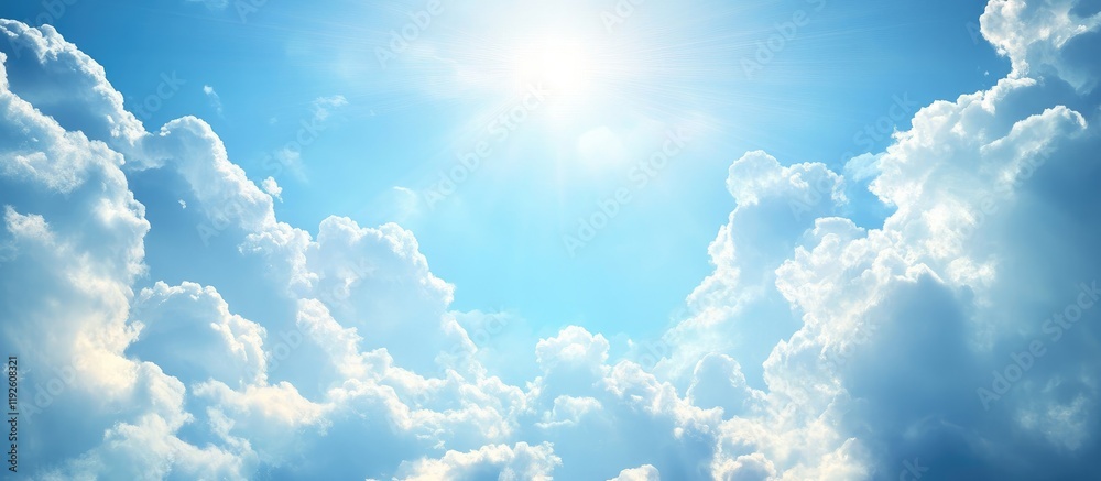 Poster serene blue sky with fluffy white clouds and radiant sun rays providing ample copyspace for text or 