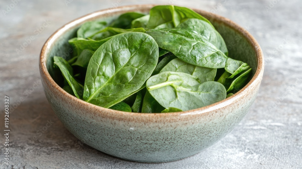 Poster fresh baby spinach leaves in a rustic bowl on a textured surface for healthy dining and culinary pre