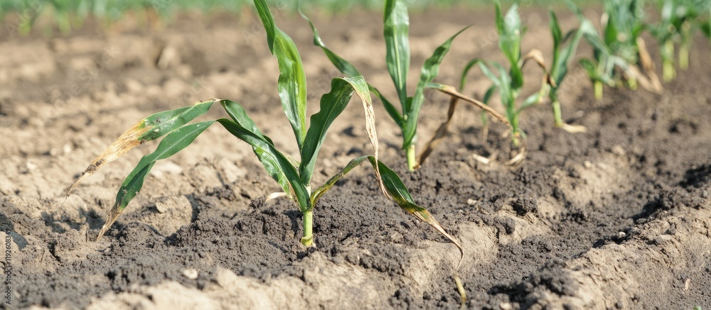 Poster Cornfield Damage from Mildew with Clear Soil Rows and Space for Text Overlay