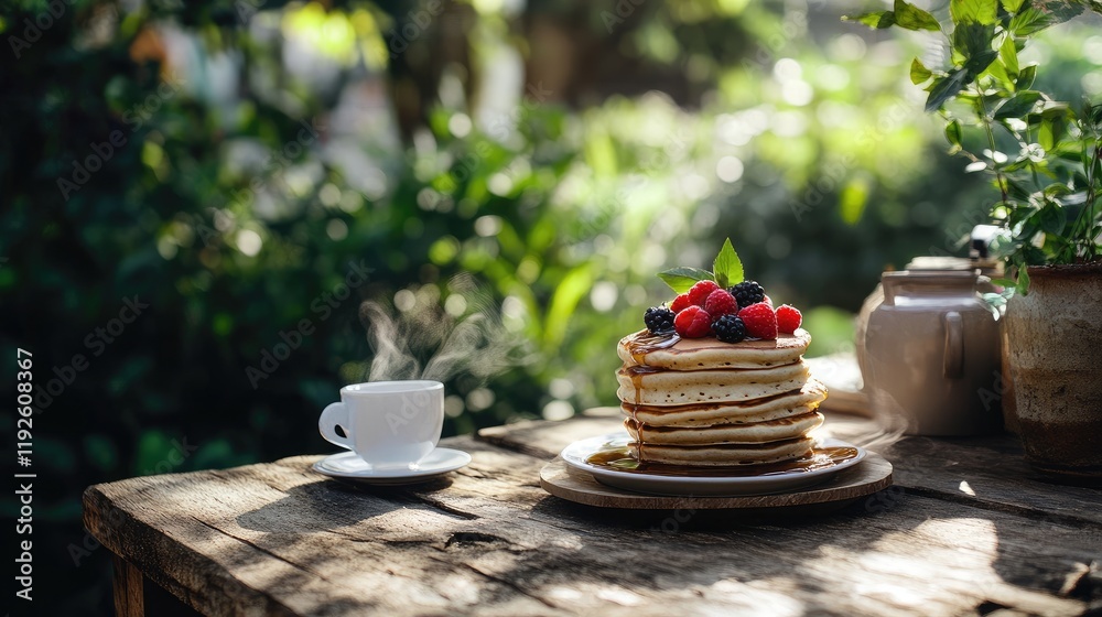Poster Homemade pancakes topped with fresh berries and syrup served with coffee in a serene outdoor setting on a rustic wooden table