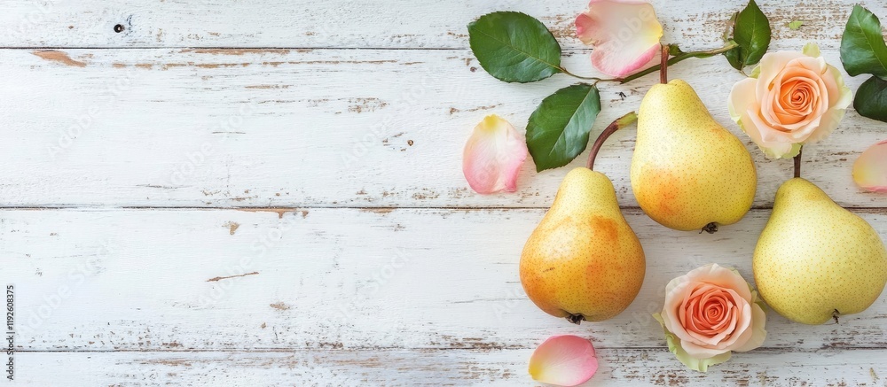 Poster Pears and rose flowers arranged on a rustic white wooden table with empty space for text or content placement in a stylish layout