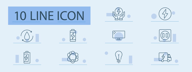 Renewable energy and electricity set icon. Battery, drop, recycling, power, socket, gear, system, transport, light bulb, efficiency