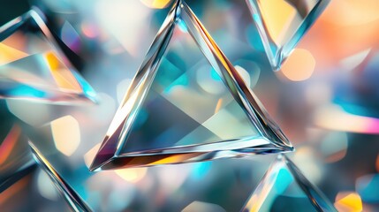 Elegant macro shot of triangular glass prisms creating colorful bokeh refractions in a modern still life composition.