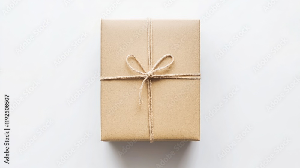 Aufkleber Gift Box Wrapped with String on White Background Top View for Delivery Concept and Packaging Design