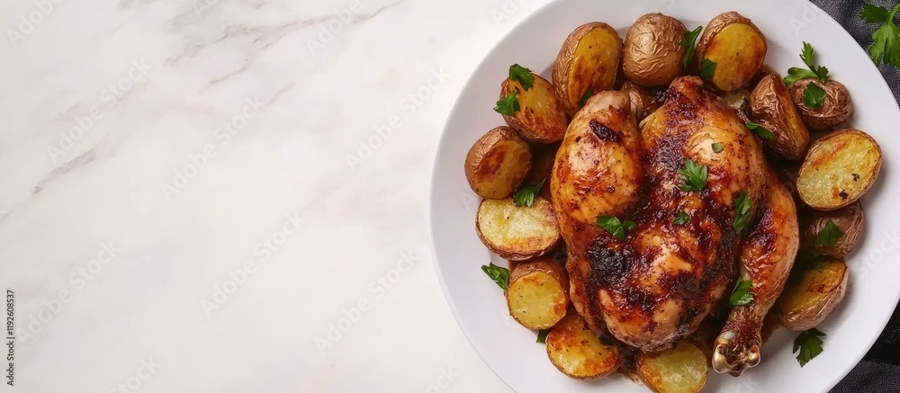 Poster savory roast chicken with crispy roasted potatoes and empty space for customizable text or advertisi