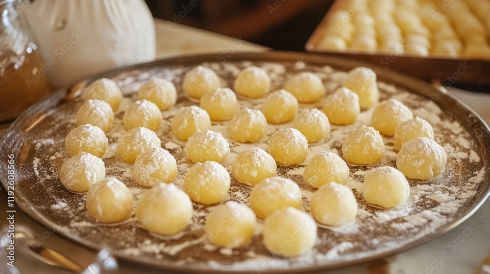 Poster freshly prepared tarallo traditional italian pastries arranged on a baking tray dusted with flour re
