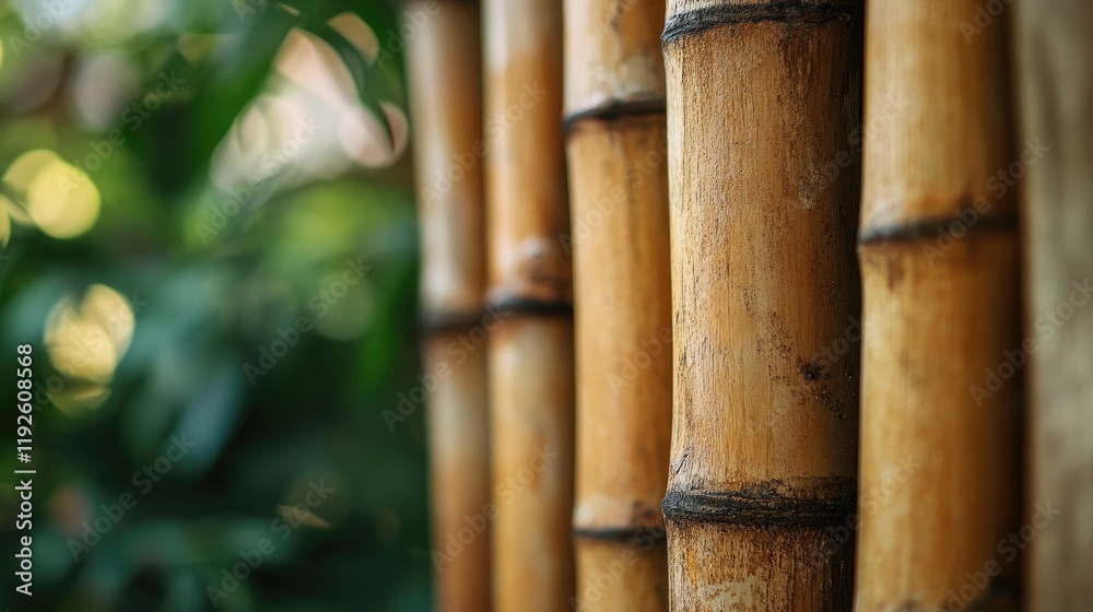 Poster bamboo stakes arranged vertically showcasing their natural texture in a green garden setting emphasi