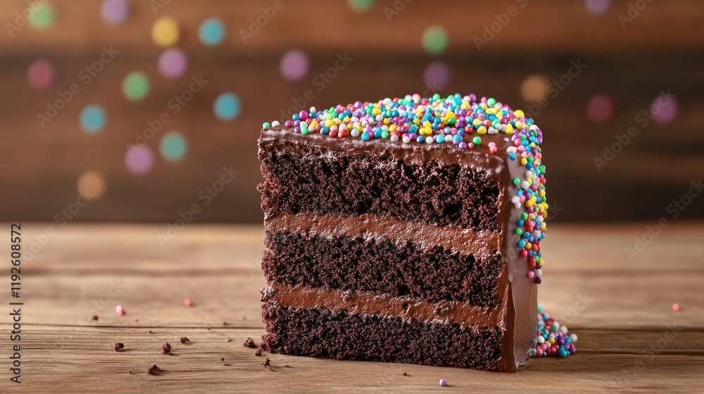 Aufkleber chocolate cake slice with rich icing and colorful sprinkles on rustic wooden table background showca