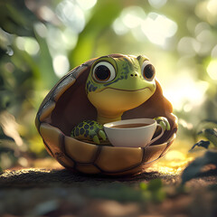 Cute turtle holding a cup in a serene forest environment during a warm afternoon. Generative AI