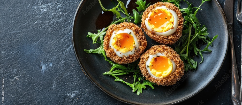 Aufkleber crispy scotch eggs plated on arugula with blank space for text perfect for food promotion and culina
