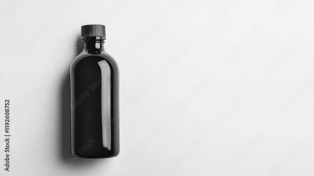 Poster Black Glass Bottle Isolated on White Background with Space for Custom Text or Branding