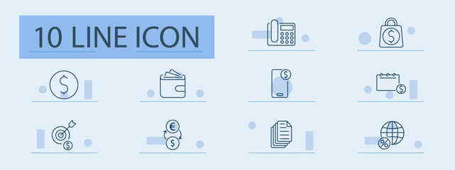 Financial management set icon. Wallet, currency, mobile payment, calendar, goal, conversion, report, trade, investment, percentage