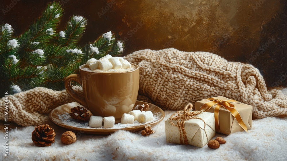 Poster cozy still life with cocoa coffee topped with marshmallows surrounded by nuts and gifts on a knitted