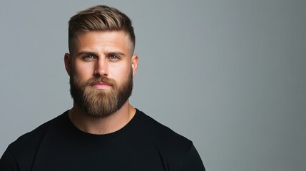 Obraz premium Confident Young Man with Stylish Beard Posing Against Neutral Background in Casual Black Shirt
