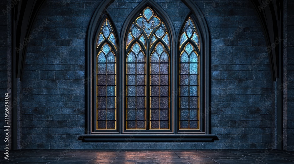 Aufkleber Gothic Cathedral Stained Glass Window Illuminated in Dark Stone Interior with Empty Space for Text or Design Elements