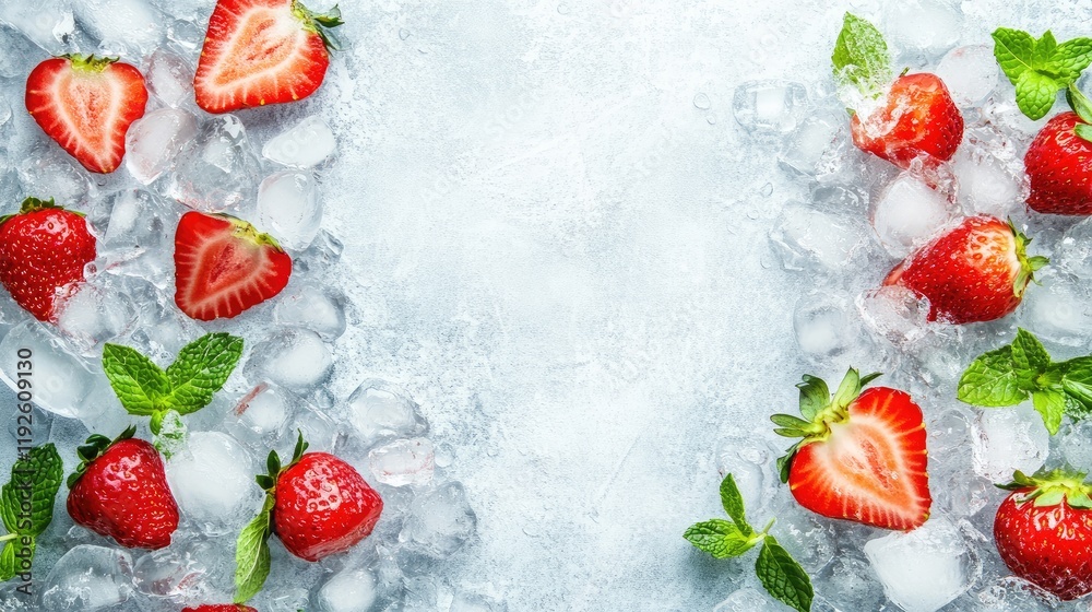 Poster fresh strawberries and mint leaves on crushed ice with a summer backdrop for refreshing drink or des