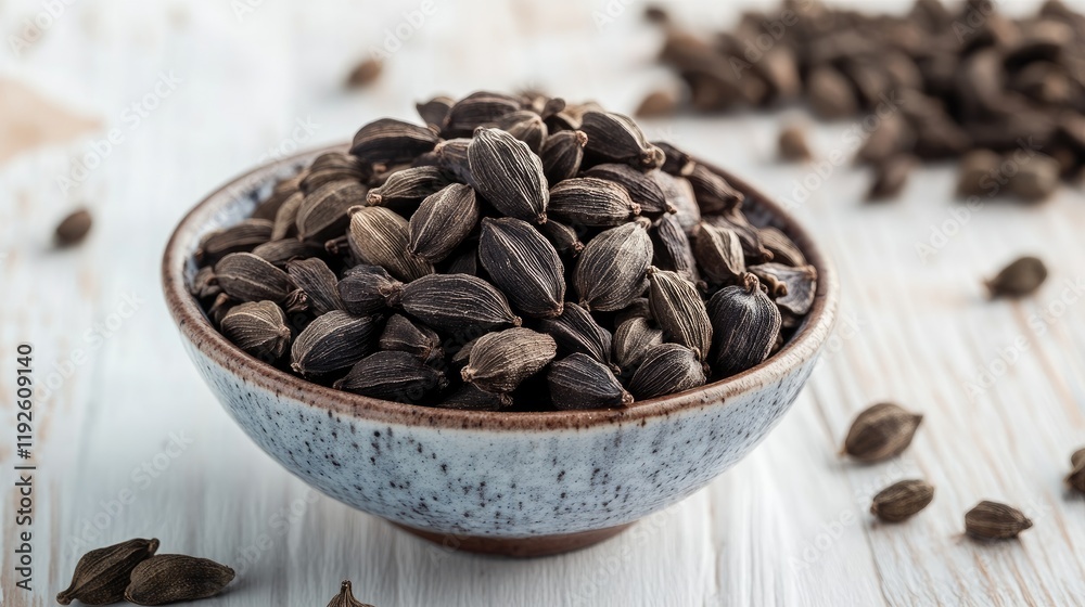 Poster black cardamom seeds in a decorative bowl with scattered cloves on a rustic white wooden background 