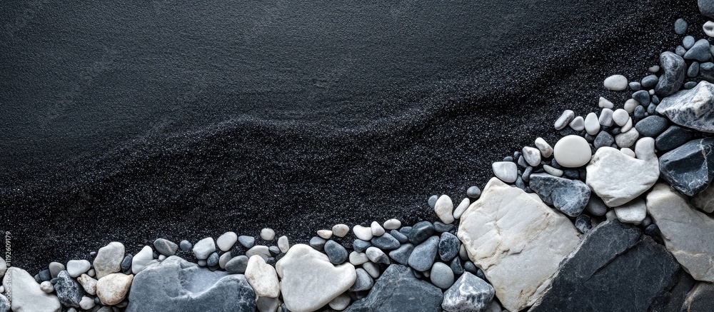 Poster Dark sand cave featuring a border of white marble and gravel pebbles with ample empty space for text or graphic overlay background design