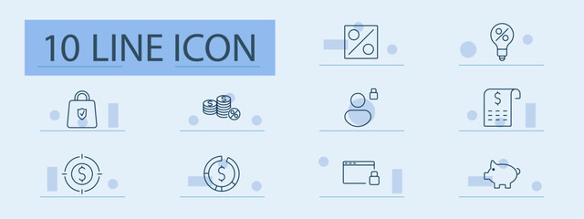 Banking and finance set icon. Coins, percentage, idea, receipt, target, cycle, transaction, analysis, savings, security