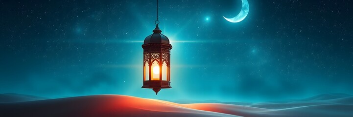 Fototapeta premium Futuristic Islamic Lantern and Crescent Moon Over Starry Desert Night