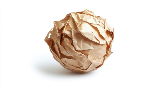 Crumpled paper ball on a white background symbolizing waste, recycling, or creative brainstorming concept in a minimalist setting.