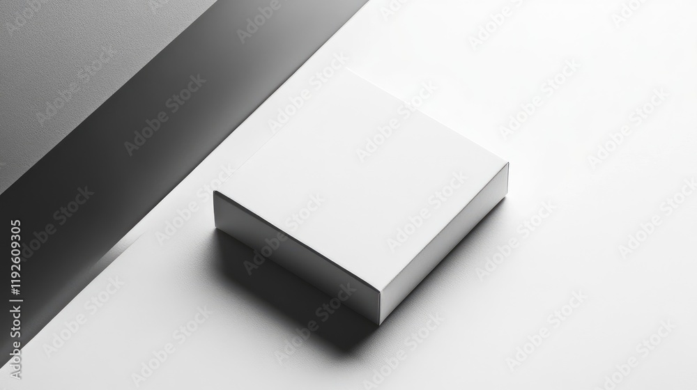 Poster blank rectangular box on clean white surface with shadows and ample copy space for branding or produ