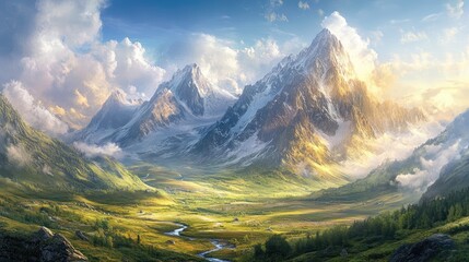 Fototapeta premium Majestic mountain landscape under a bright sky with lush valleys and winding river creating an inspiring panoramic view of nature's beauty.