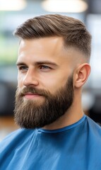 Obraz premium Stylish man with beard and haircut sitting in barber shop under modern lighting aesthetic
