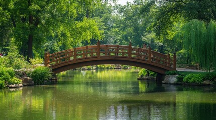 Serene park landscape with wooden bridge over tranquil water surrounded by lush greenery and reflection in calm pond