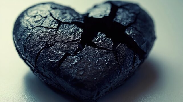 Broken black heart symbolizing heartbreak sadness and deep emotional pain depicting love lost and the impact of relationships on the soul