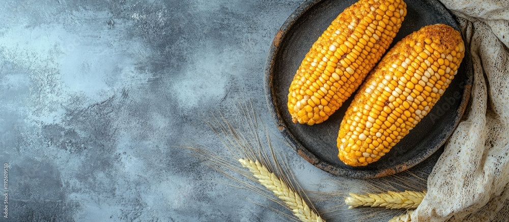 Poster golden corn on a rustic plate with wheat and gray stone backdrop ideal for food-related text or adve