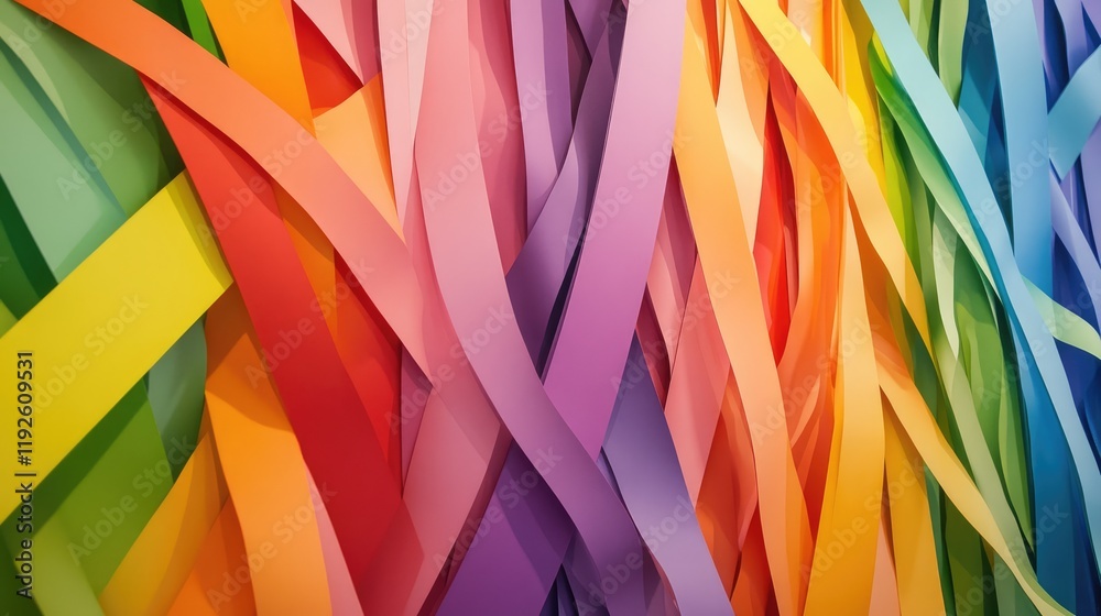 Leinwandbilder Vibrant Overlapping Rainbow Paper Strips Creating a Colorful Abstract Wall Design Ideal for Modern Art Backgrounds and Creative Projects