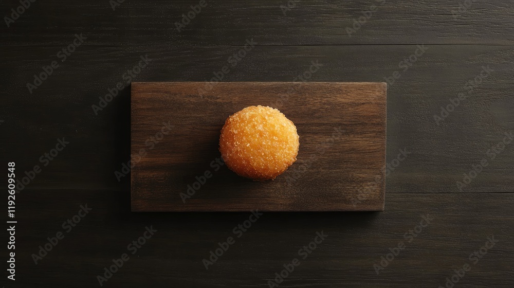 Aufkleber Golden croquette resting on a rustic wooden board against a dark background showcasing its crispy texture and appealing presentation.